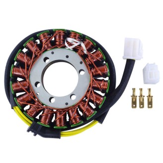 Stators | Le stator est l'élément de l'alternateur qui produit le courant permettant de charger la batterie et d'alimenter le circuit électrique de la moto ou du scooter. S'il est endommagé ou si les bobines sont grillées, la batterie ne se recharge plus et on peut voir des voyants s'allumer ou un manque de courant sur les consommateurs électriques.Dans cette catégorie vous trouvez des stators Magneti Marelli, Electrosport, Tourmax, RMS, RM Stator, Okyami, Rms Classic et WAI pour des scooters comme Sym Symphony, Vespa PK et Ape, et pour des motos comme Suzuki DR et GSX-R, Yamaha YZF-R1 et YZ 250 F, Honda CTX700 et VT Shadow, Triumph Street Triple. Choisissez la pièce en fonction du modèle et de l'année du véhicule ou du code d'origine indiqué sur la pièce à remplacer.