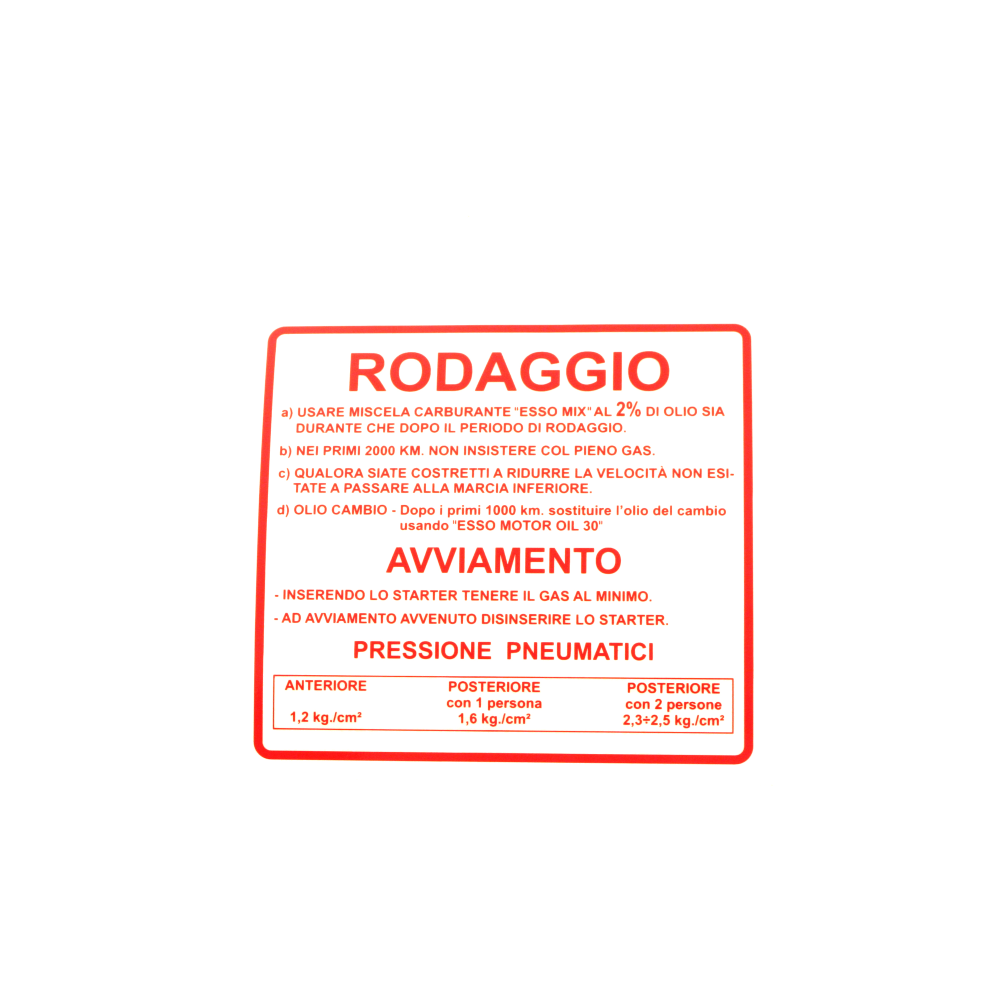 Adesivo rodaggio RMS Classic Piaggio Vespa 50-90-125cc 610170M002 R...