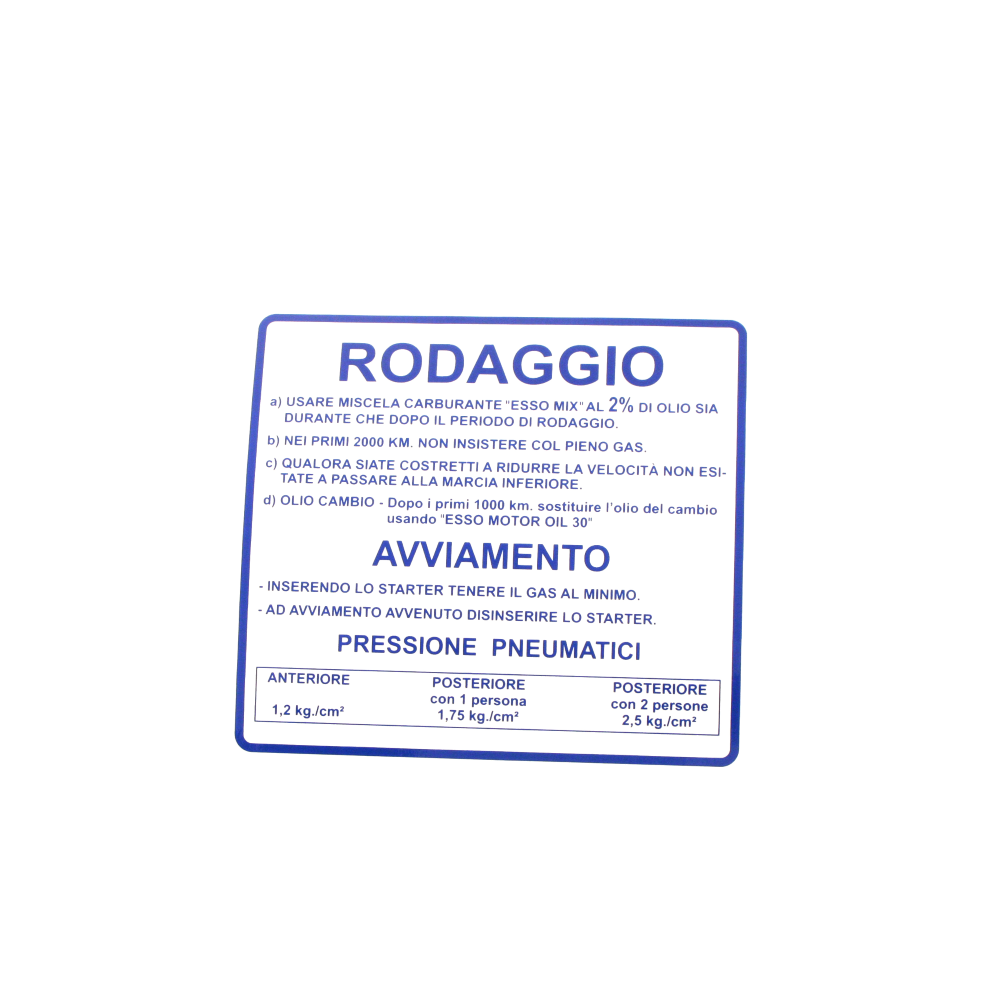 Adesivo rodaggio RMS Classic Piaggio Vespa Rally 180-200cc 610170M0...