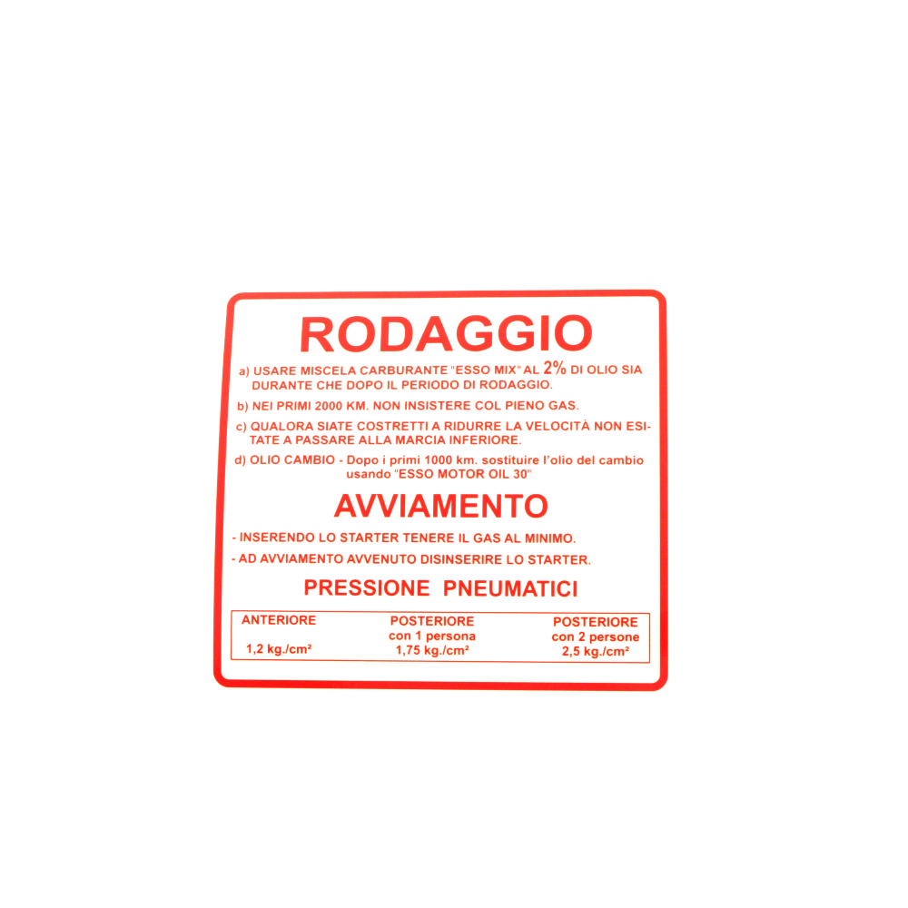 Adesivo rodaggio RMS Classic Piaggio Vespa Rally 180-200cc 610170M